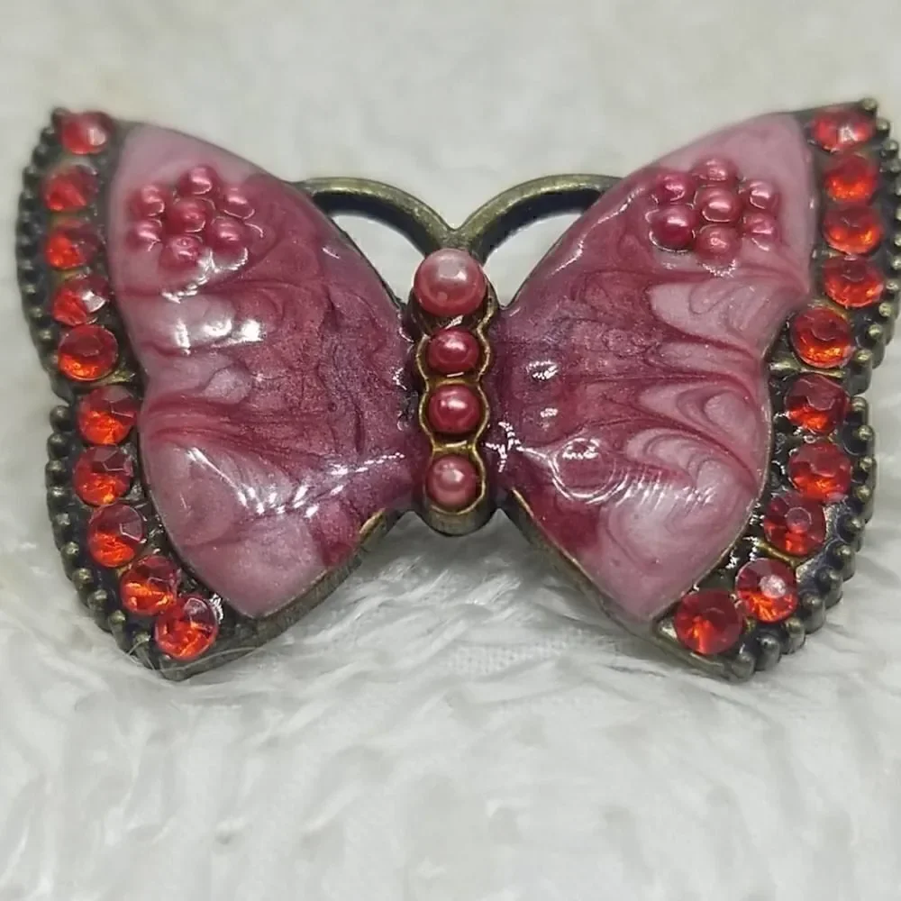 Vintage Butterfly Pink Swirl Pearl red Crystal Pin